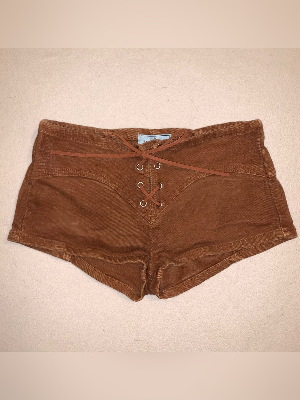 REVICE Denim Brown Low Rise Lace-Up Micro Hot Shorts Sz 25 Y2K Festival Costume